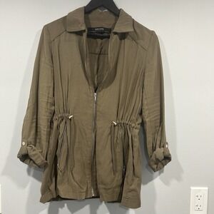 Zara  Hooded Jacket Women's  S Military Green Full Zip Cinch Waist